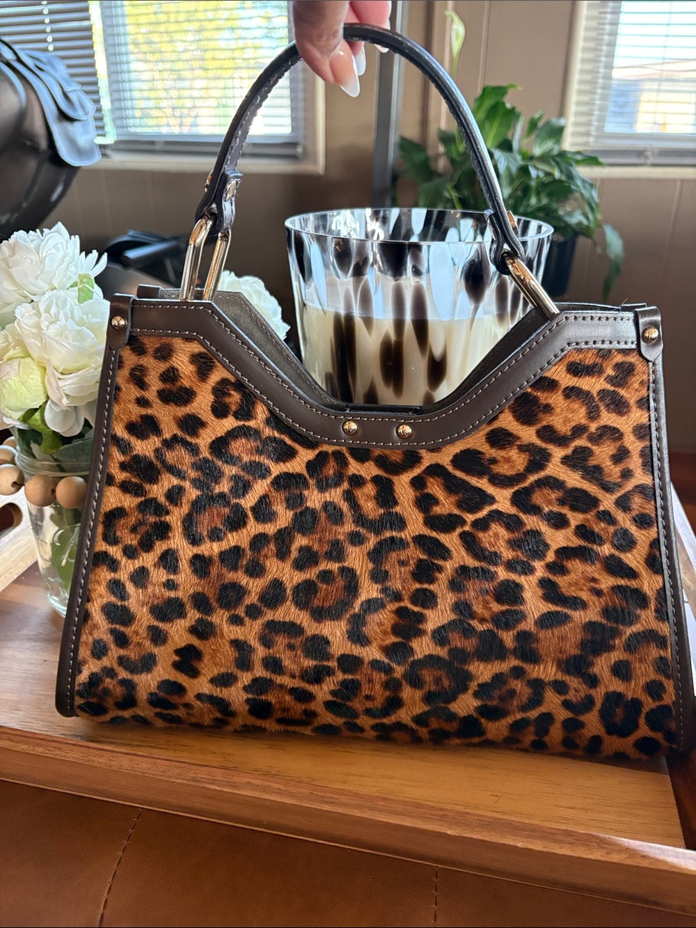 Leopard Print Top-Handle Satchel in Brown